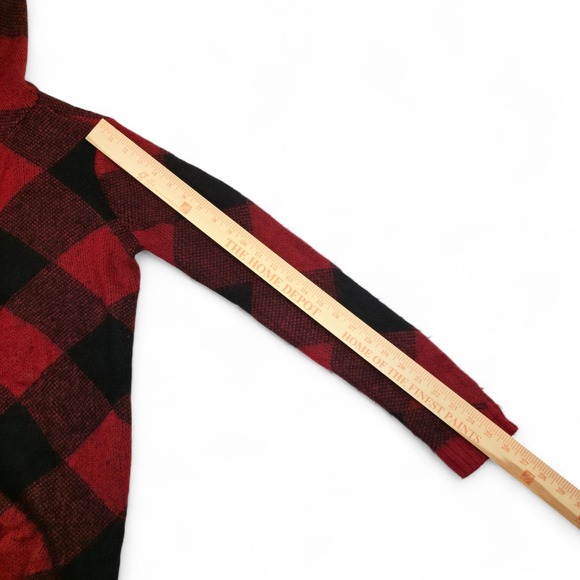 Almost Famous Red Black Buffalo Plaid Hooded Toggle Cardigan Womens Retro - Picture 9 of 9